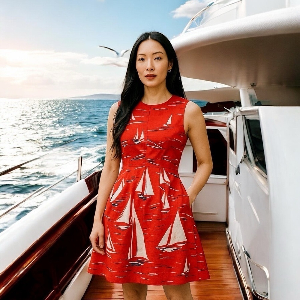 Anthropologie Maeve Berru Sailboat Print Fit Flare Dress Red Pockets Size 2
